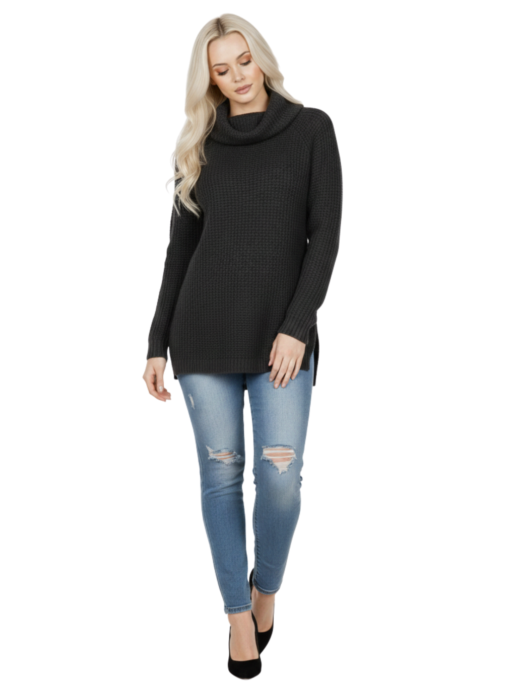Cowl Neck Oversized Pop-Corn Knit Tunic Sweater