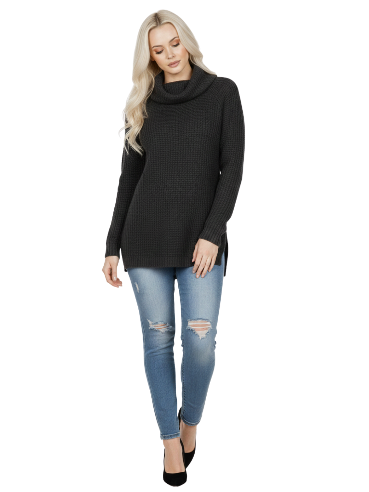 Cowl Neck Oversized Pop-Corn Knit Tunic Sweater