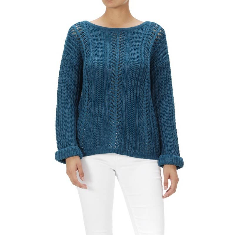 Leaf Crochet Detailed Rolled Up Sleeve Sweater
