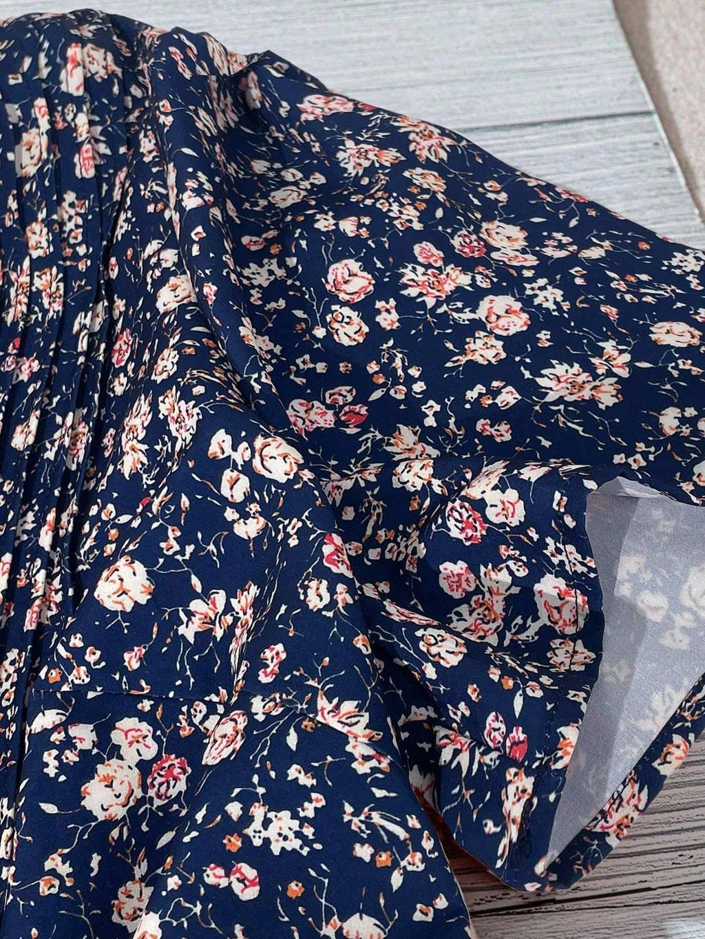Floral Print Frill Trim Collared Pleated Front V-Neck Blouse