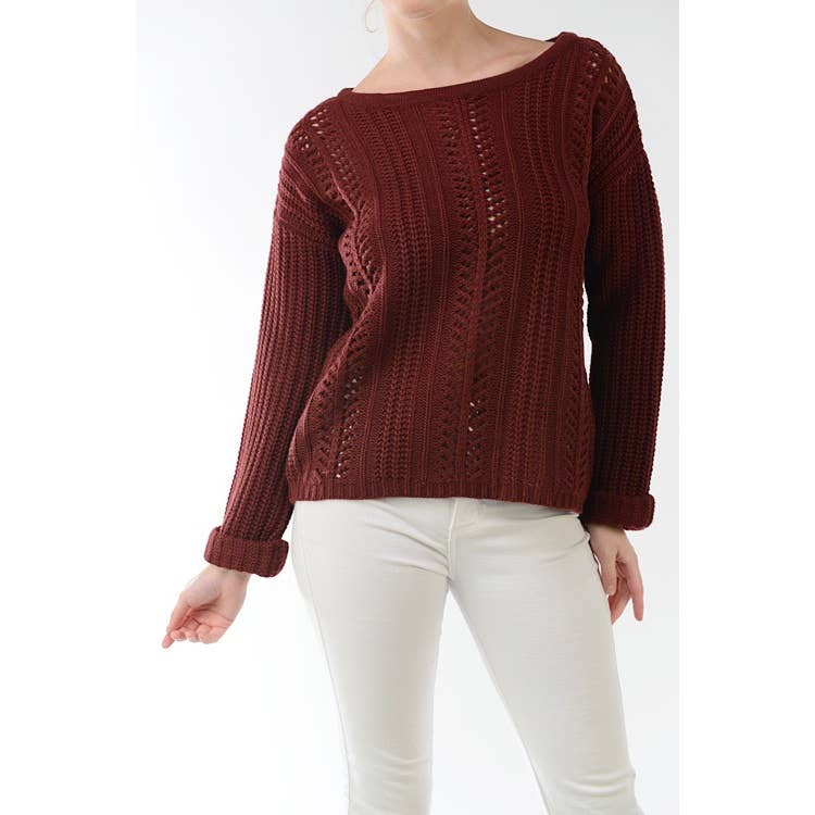 Leaf Crochet Detailed Rolled Up Sleeve Sweater