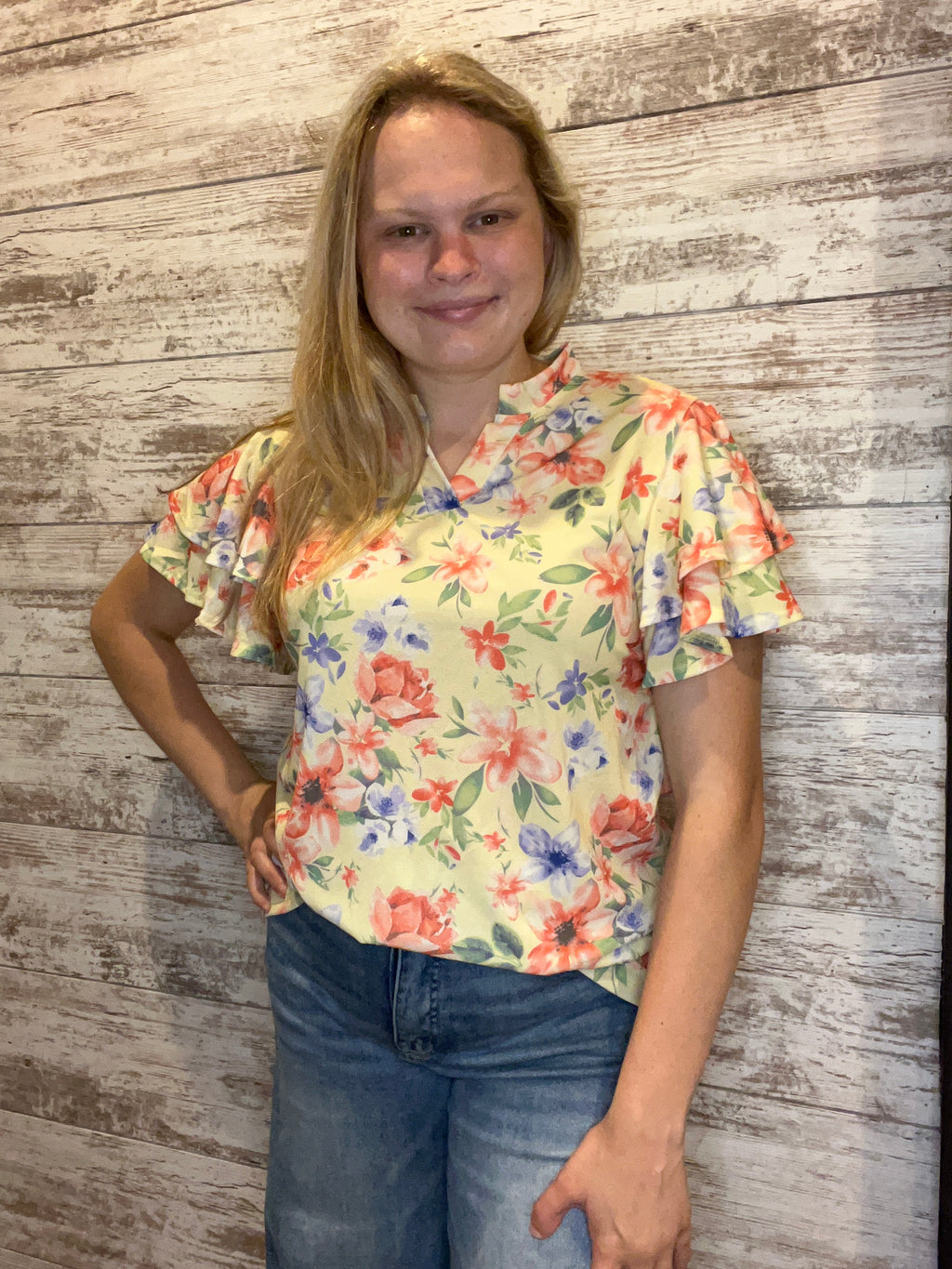 112- Yellow Floral Print Ruffle Sleeve