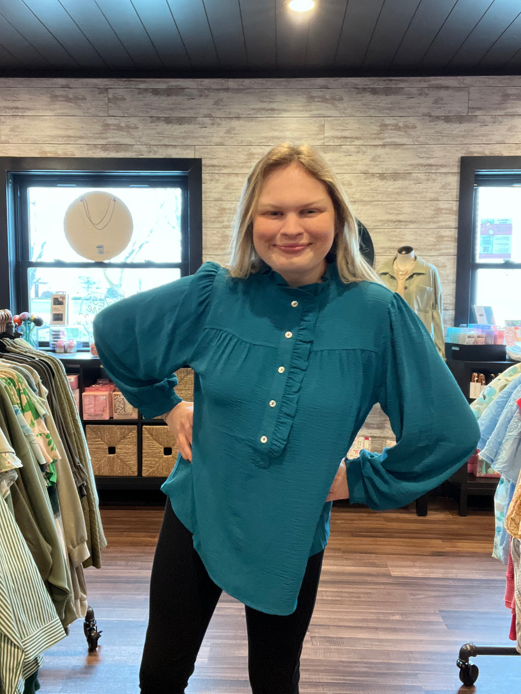 Teal Ruffle Neckline Blouse