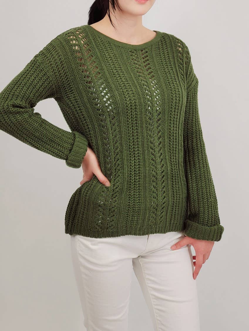 Leaf Crochet Detailed Rolled Up Sleeve Sweater