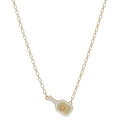 Gold necklace with a tennis racket pendant on a white background