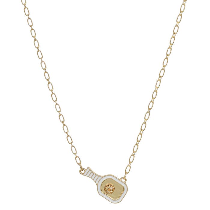 Gold necklace with a tennis racket pendant on a white background