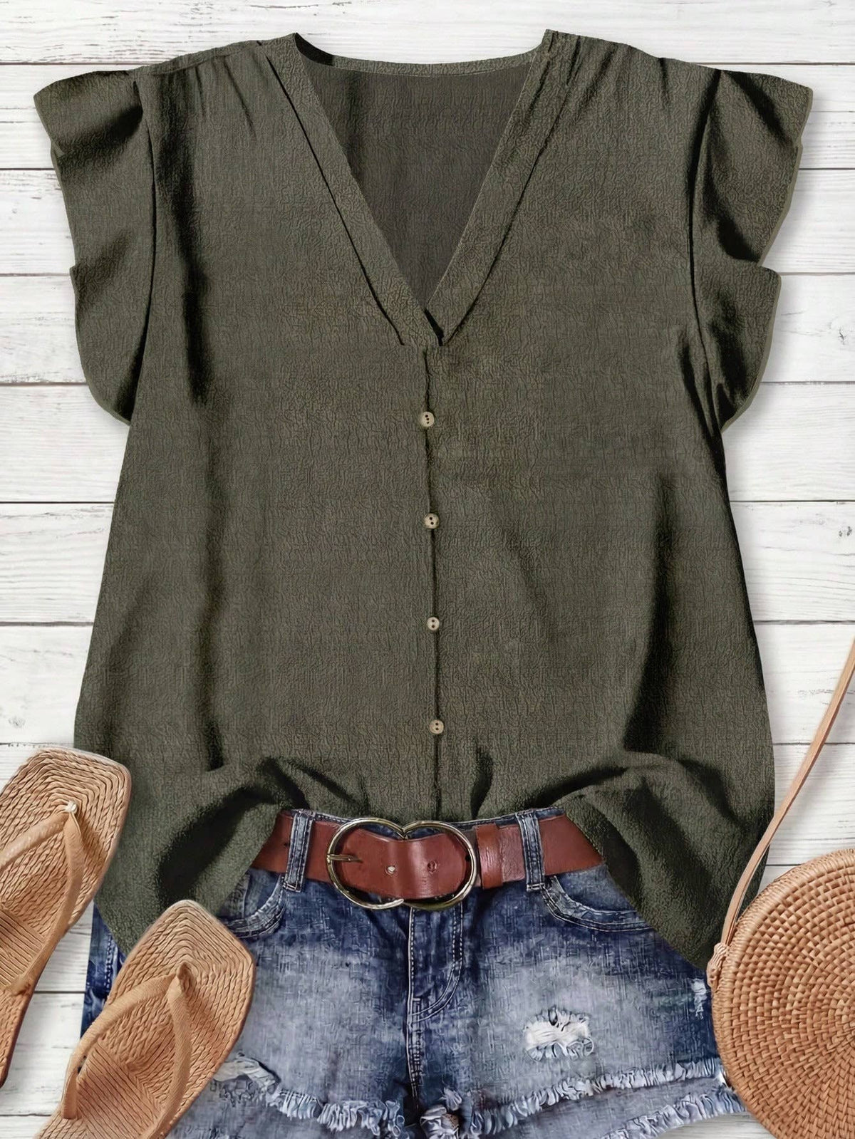Casual Minimalist Women Shirt Flutter Sleeve Blouse