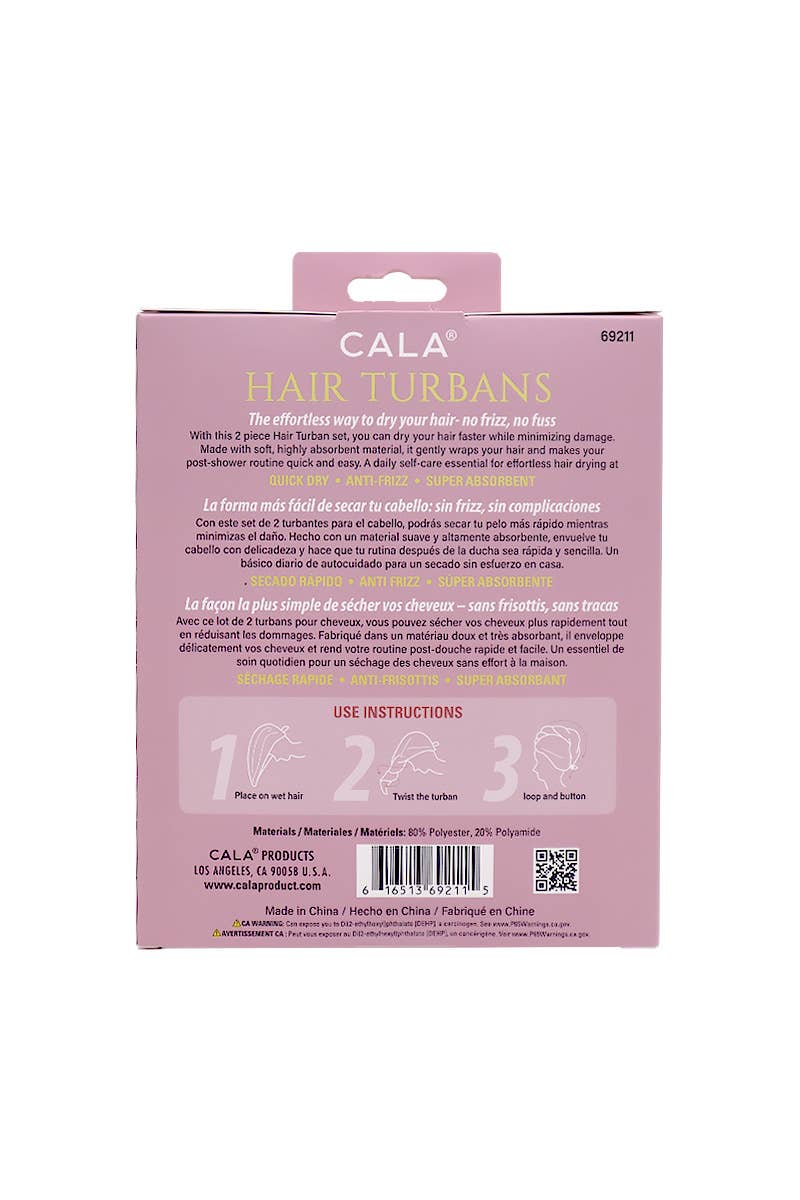 Back view of a Cala hair turbans packaging box on a white background