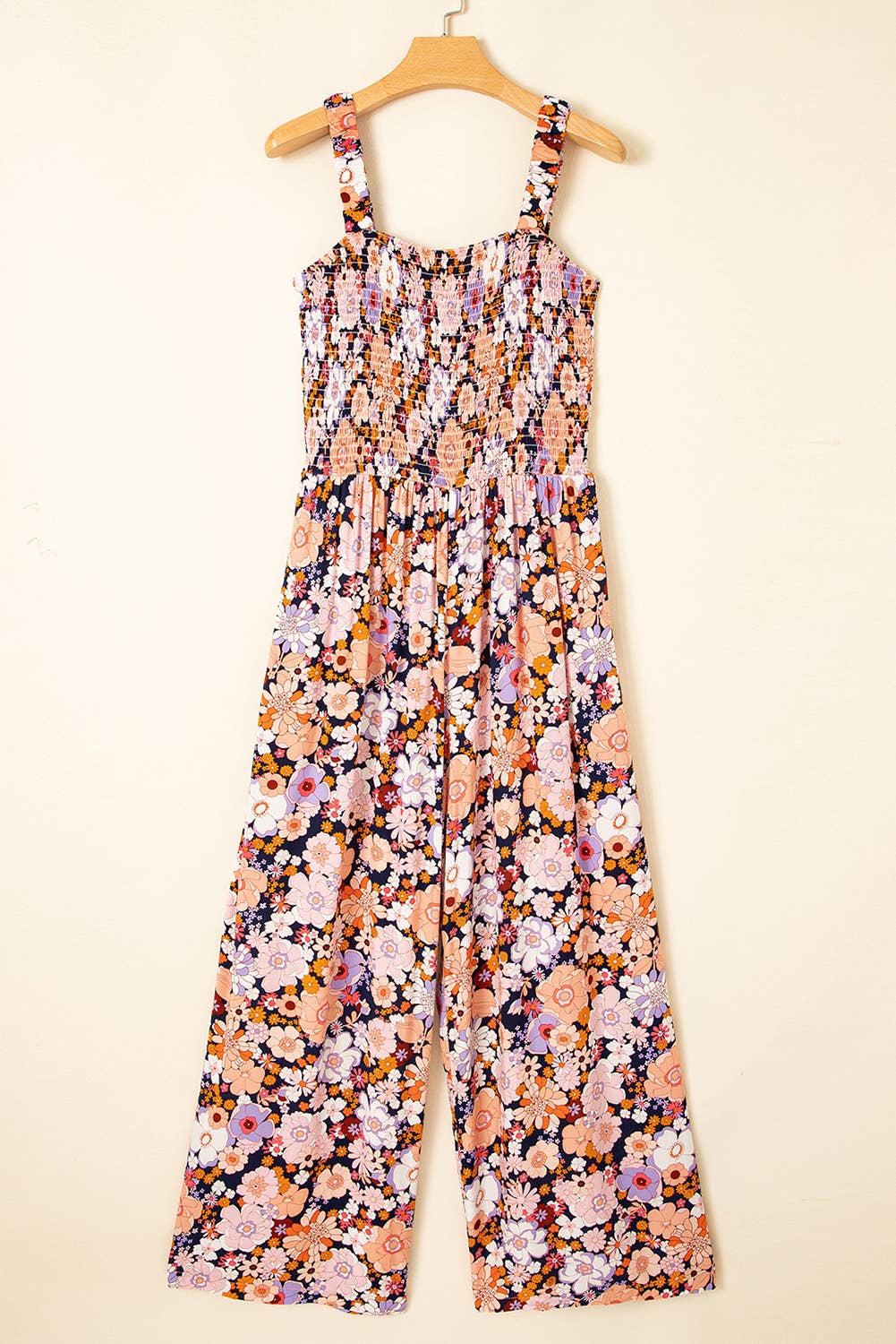 Boho Floral Print Smocked High Waist Square Neck Jumpsuit