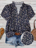 Floral Print Frill Trim Collared Pleated Front V-Neck Blouse