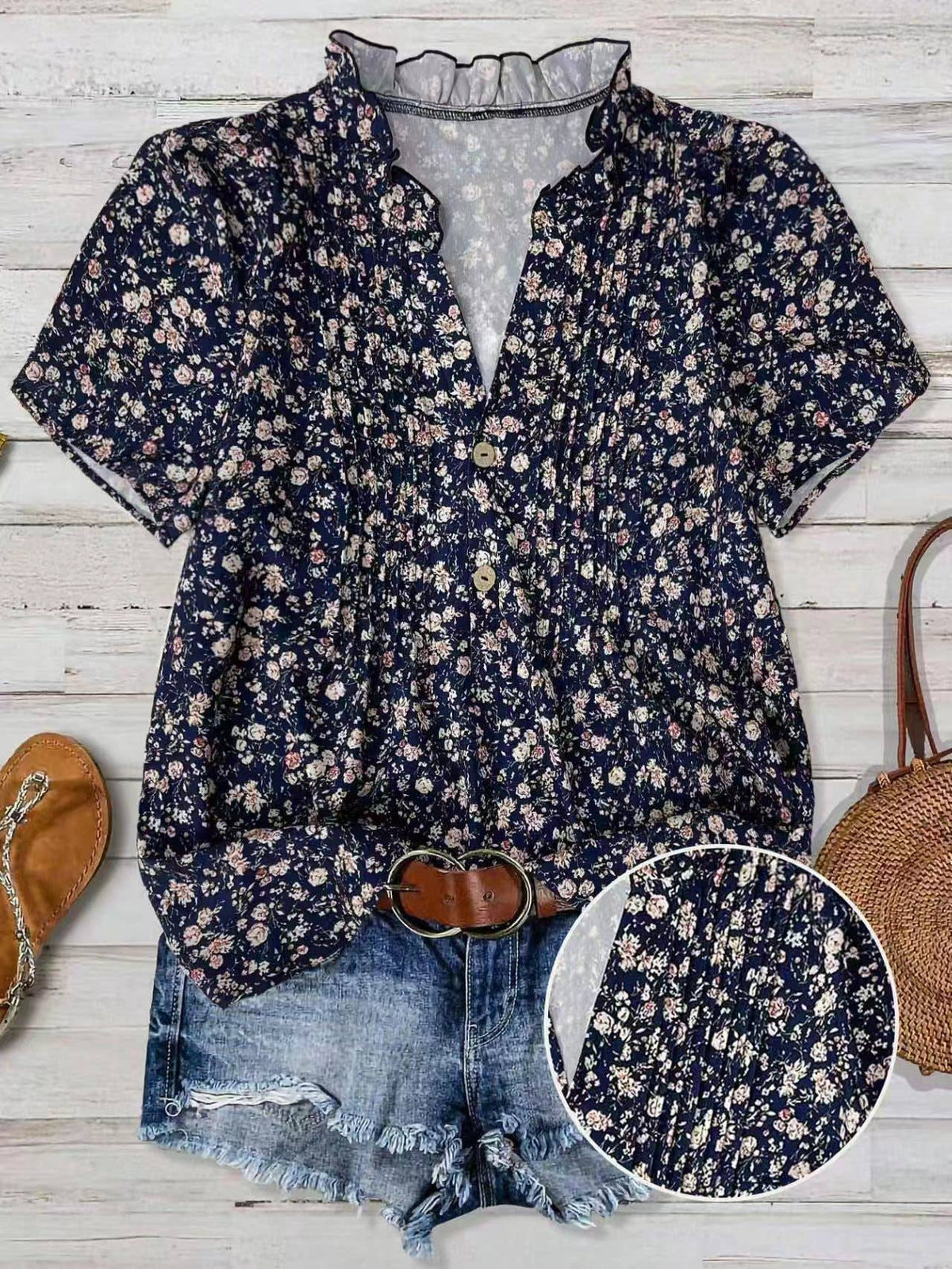 Floral Print Frill Trim Collared Pleated Front V-Neck Blouse
