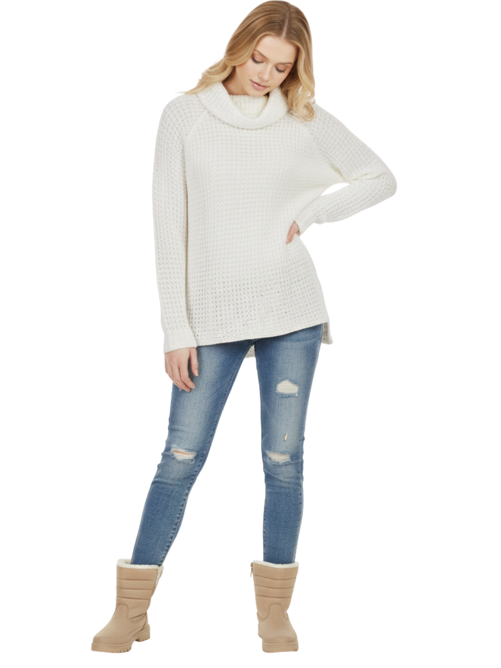 Cowl Neck Oversized Pop-Corn Knit Tunic Sweater