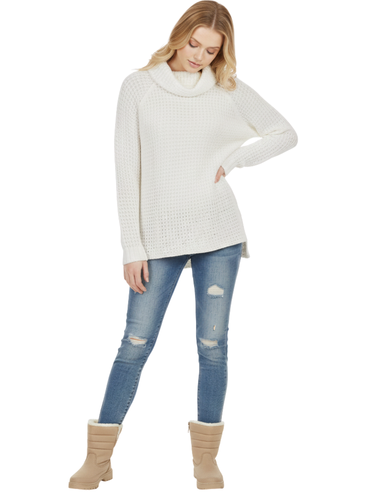 Cowl Neck Oversized Pop-Corn Knit Tunic Sweater