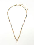 Necklace with multicolored beads and a cross pendant on a white background