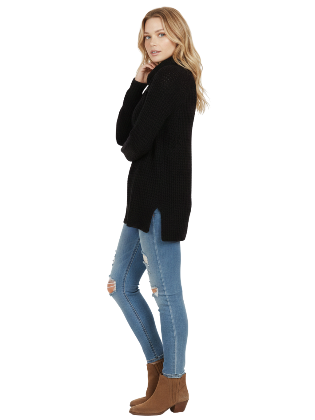 Cowl Neck Oversized Pop-Corn Knit Tunic Sweater