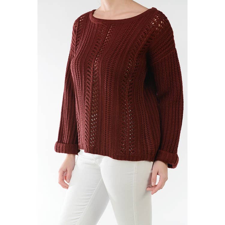 Leaf Crochet Detailed Rolled Up Sleeve Sweater