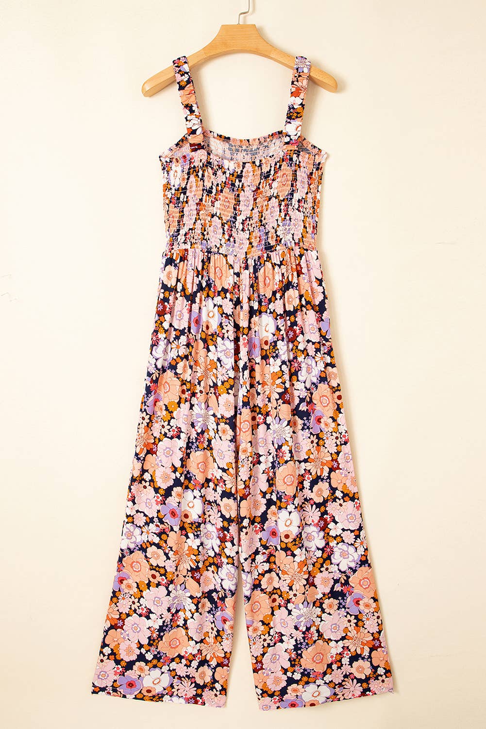 Boho Floral Print Smocked High Waist Square Neck Jumpsuit