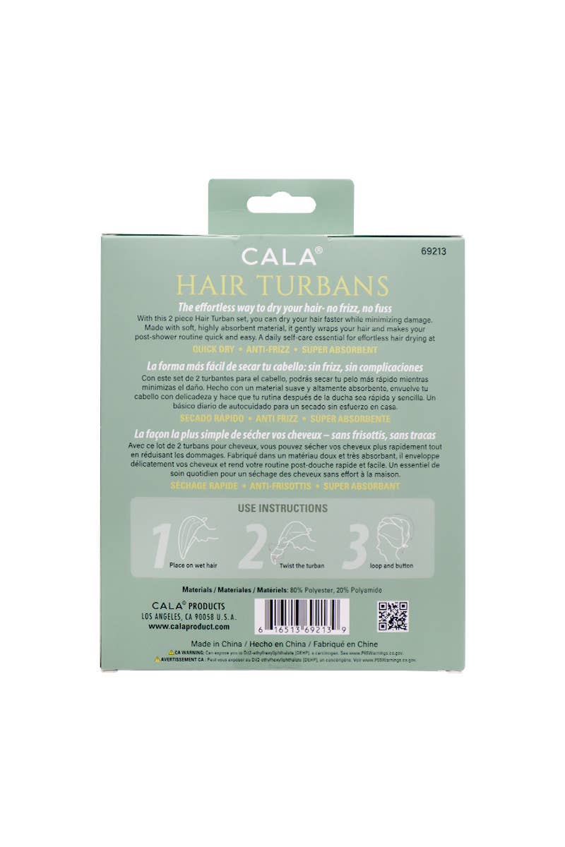 Back view of Cala hair turbans packaging with text and instructions on a white background