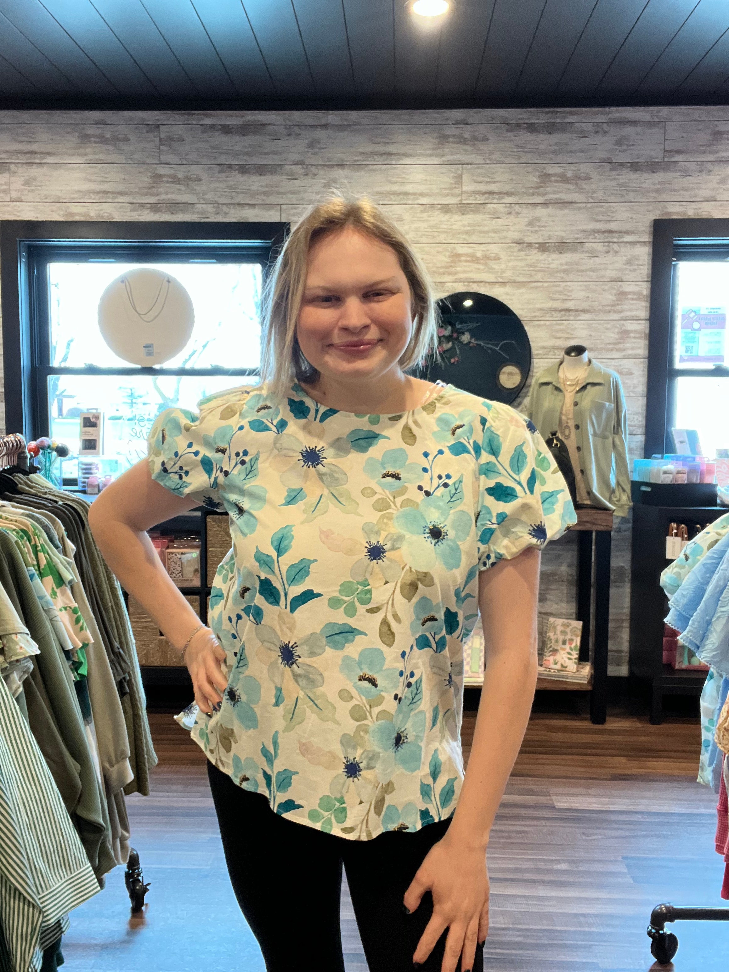 Teal Floral Short Sleeve Blouse