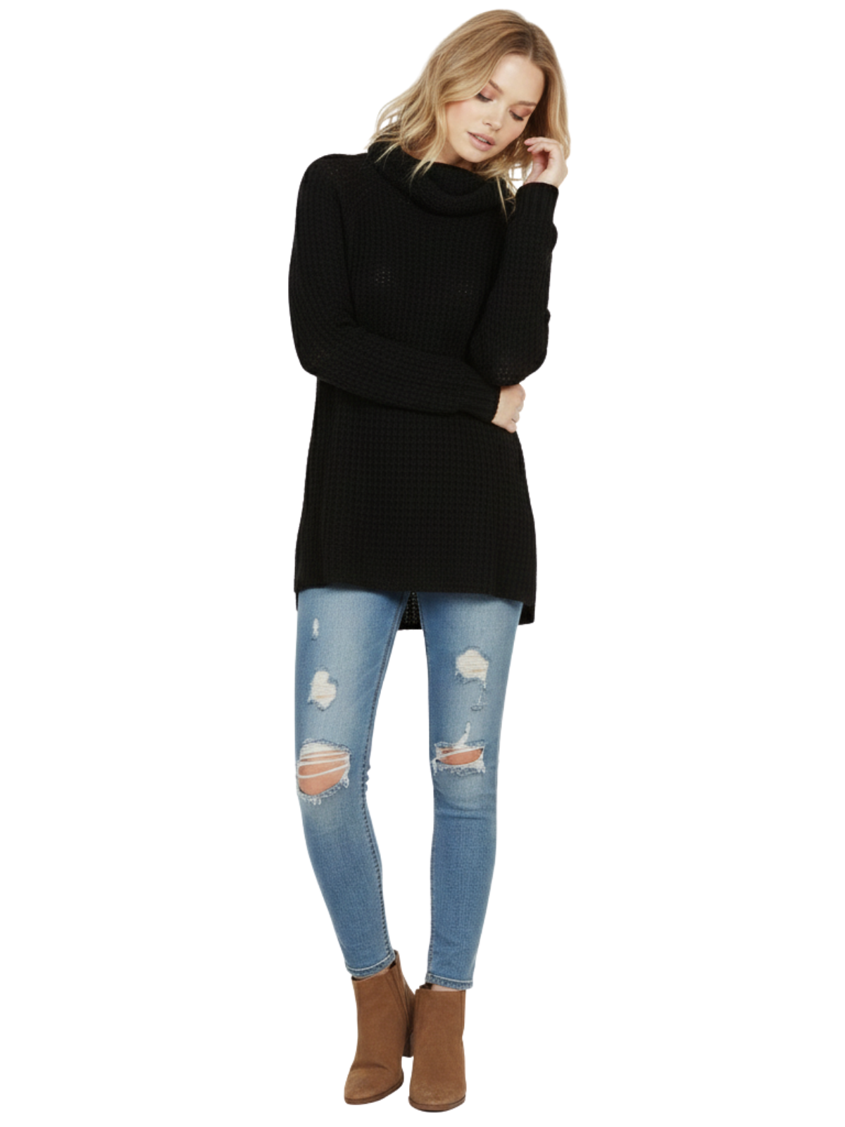 Cowl Neck Oversized Pop-Corn Knit Tunic Sweater
