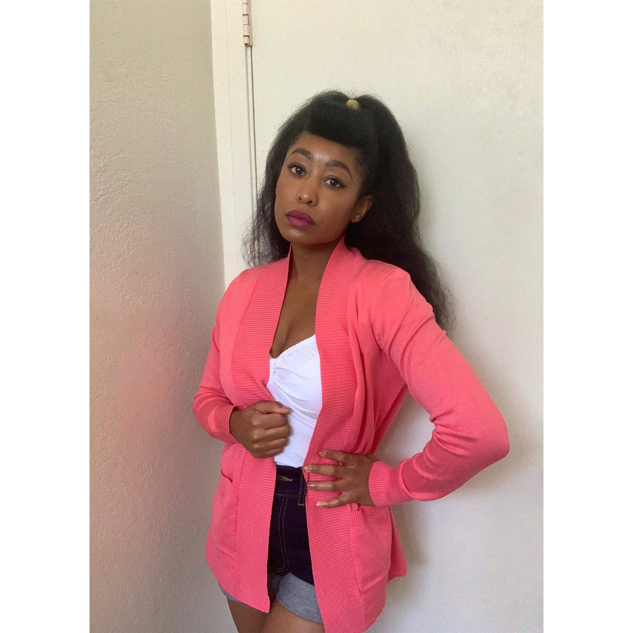Long Sleeve Open Front Knit Shrug w/ Pocket Cardigan