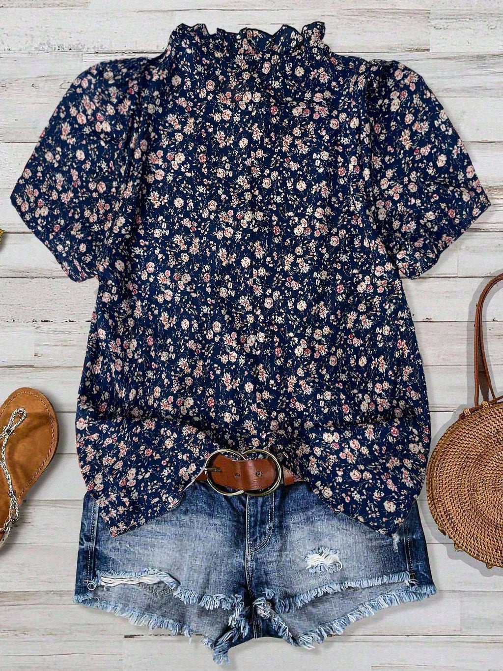 Floral Print Frill Trim Collared Pleated Front V-Neck Blouse
