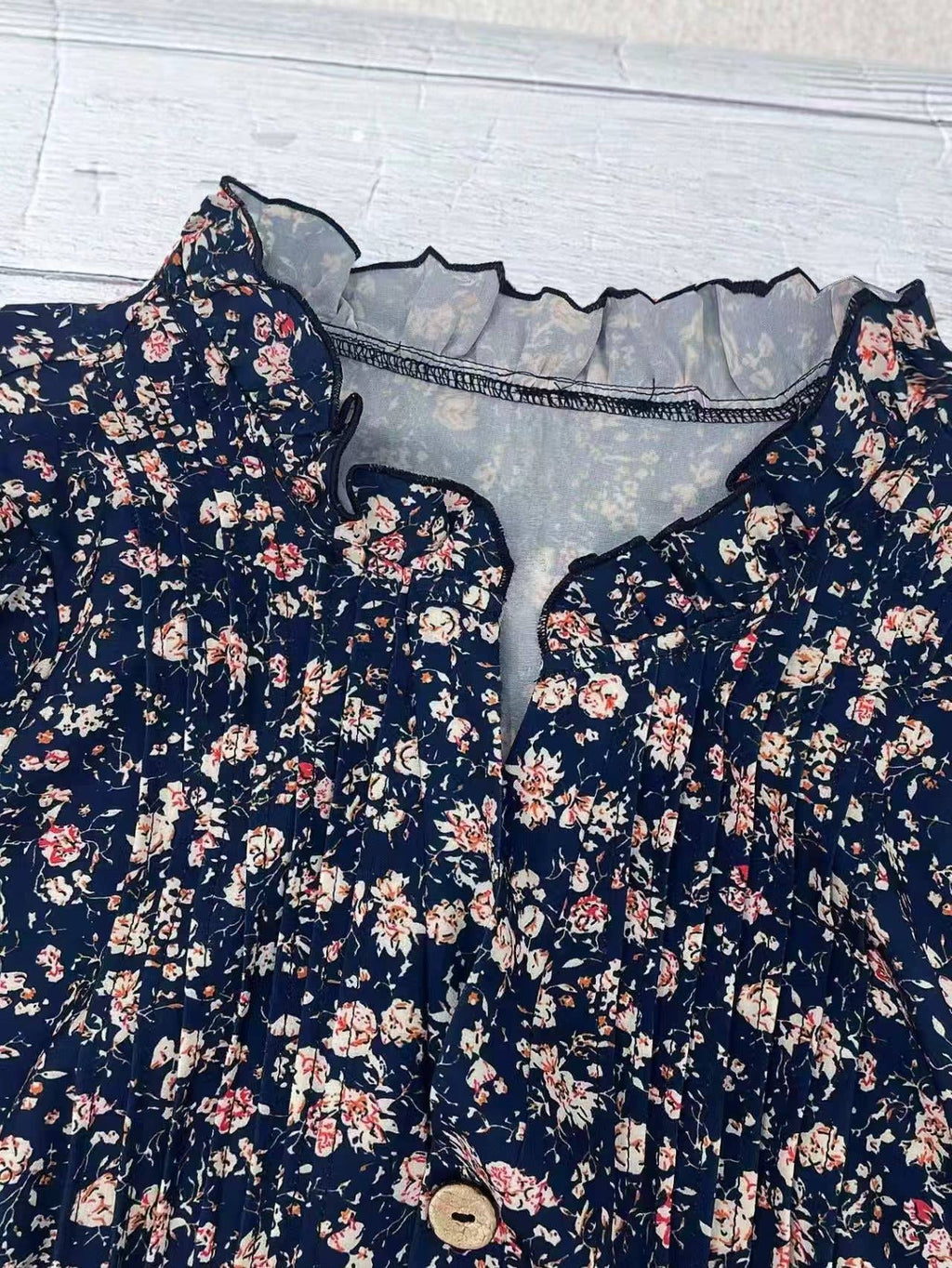 Floral Print Frill Trim Collared Pleated Front V-Neck Blouse