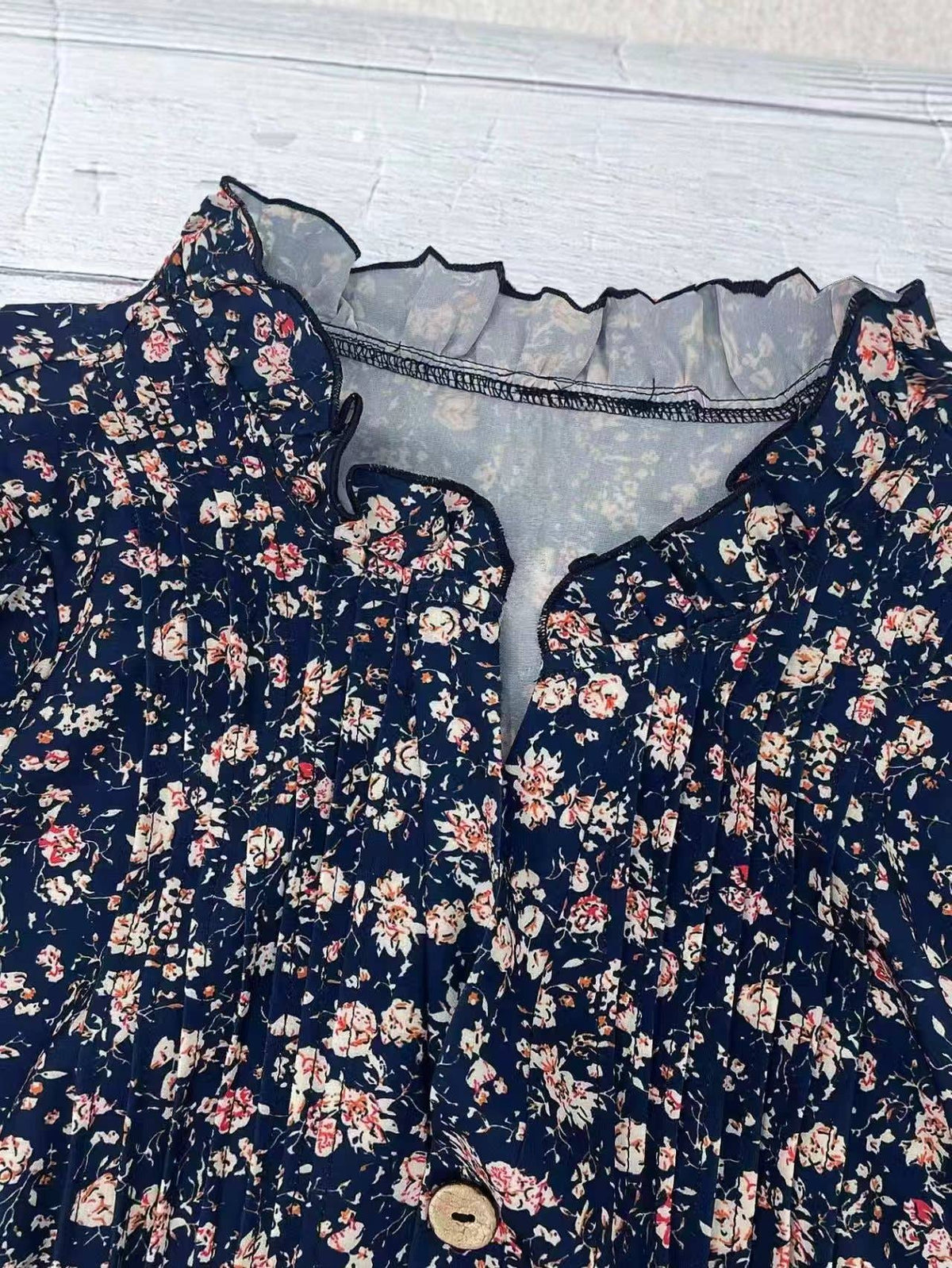 Floral Print Frill Trim Collared Pleated Front V-Neck Blouse