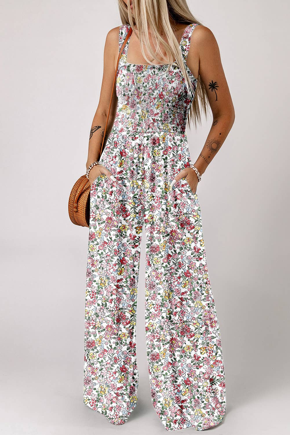 Boho Floral Print Smocked High Waist Square Neck Jumpsuit