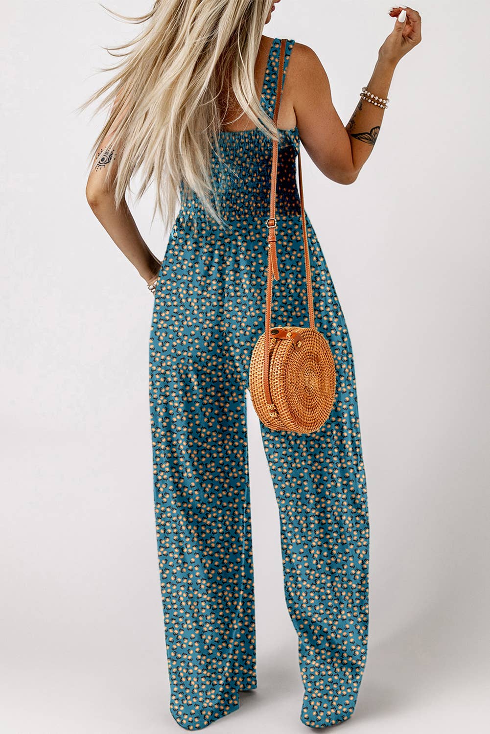 Boho Floral Print Smocked High Waist Square Neck Jumpsuit