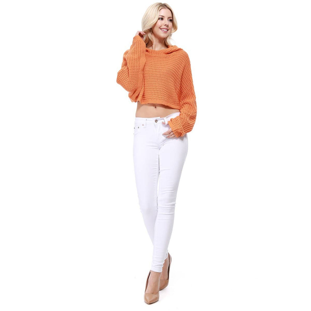Bat Wing Sleeve Crop Waffle Knit Hoodie Top