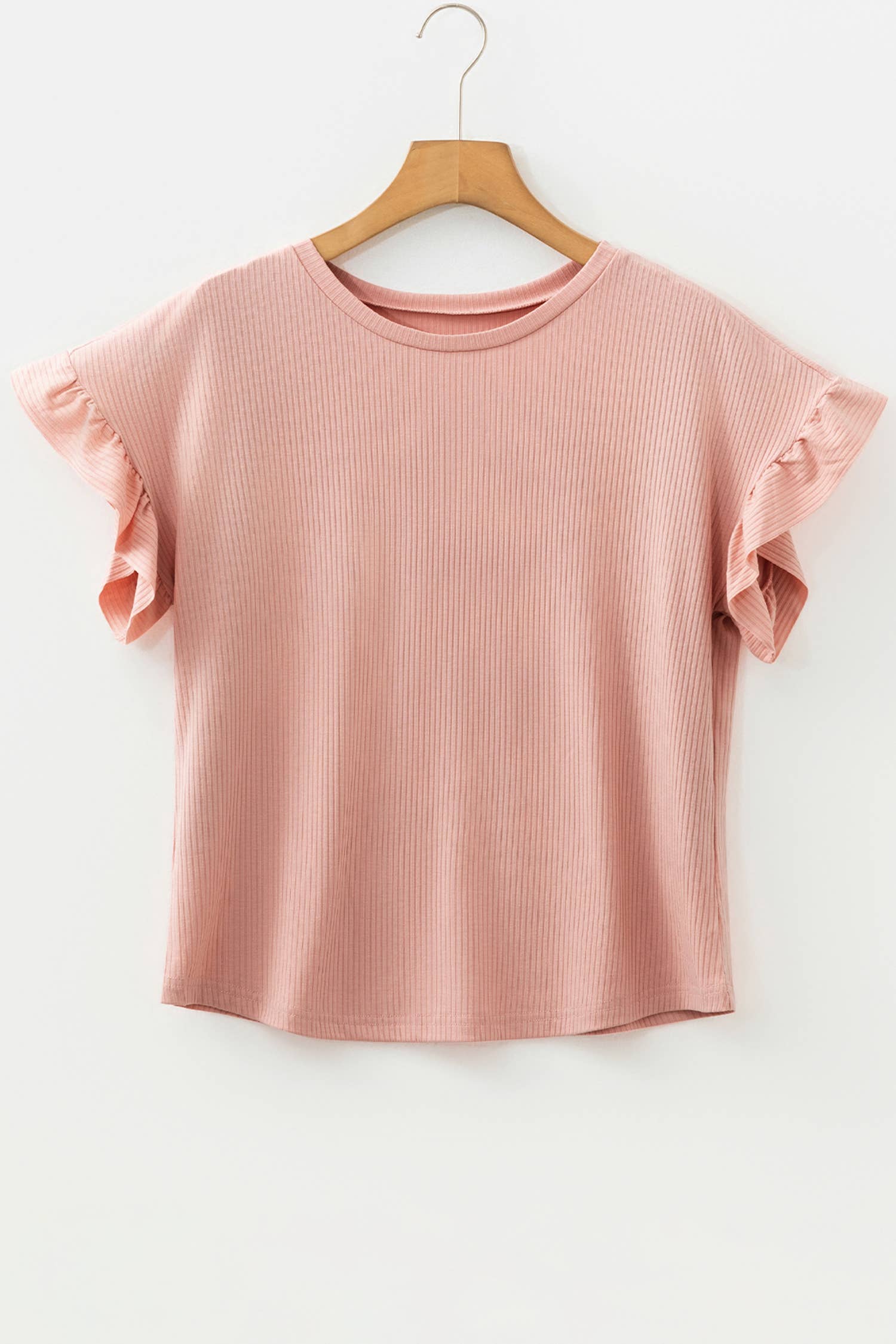 Summer Solid Color Ribbed Ruffled Short Sleeve T Shirt