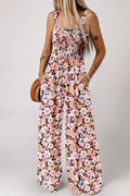Boho Floral Print Smocked High Waist Square Neck Jumpsuit