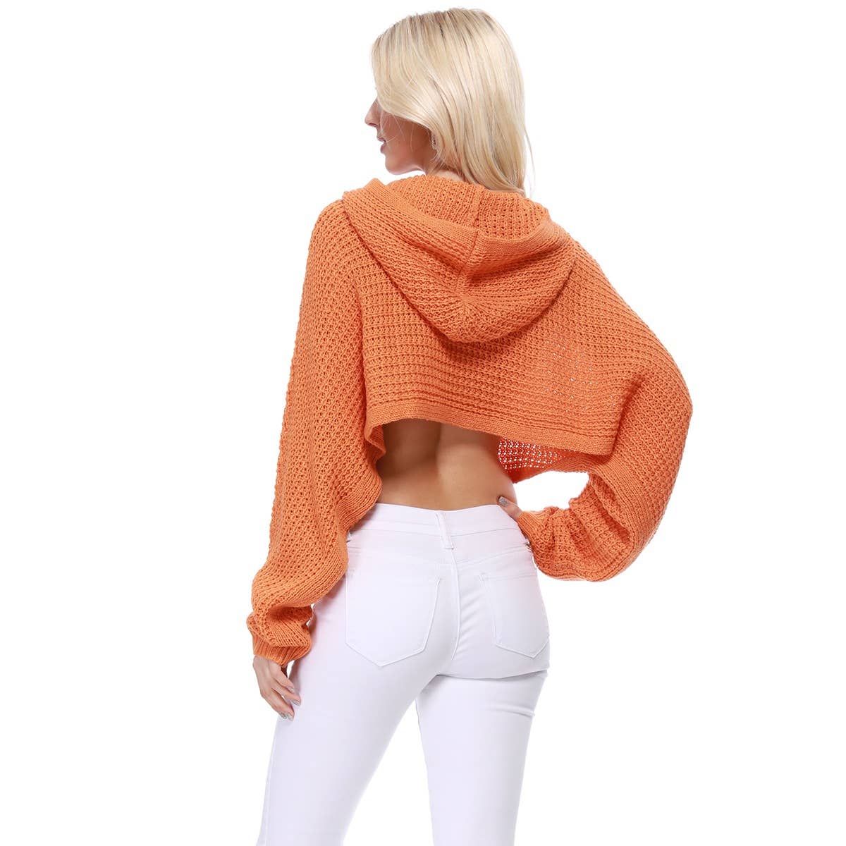 Bat Wing Sleeve Crop Waffle Knit Hoodie Top