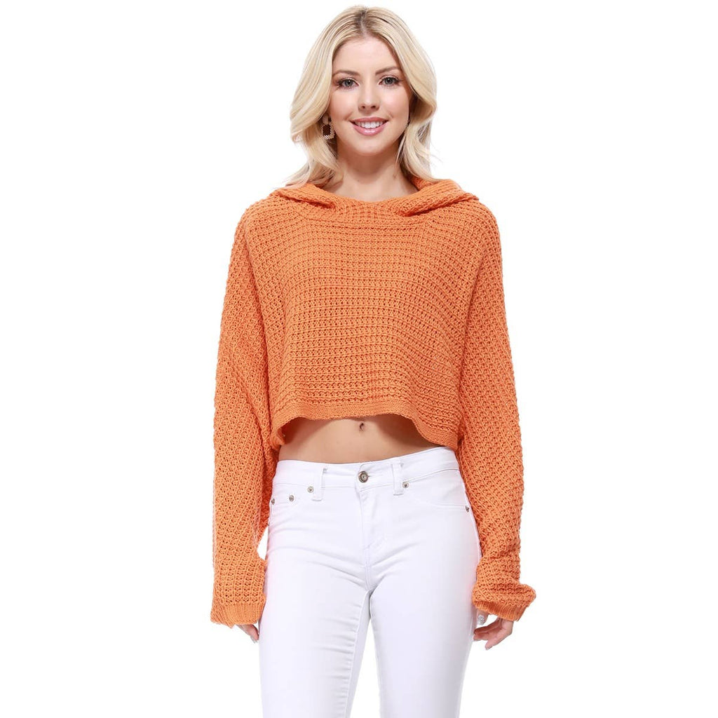 Bat Wing Sleeve Crop Waffle Knit Hoodie Top