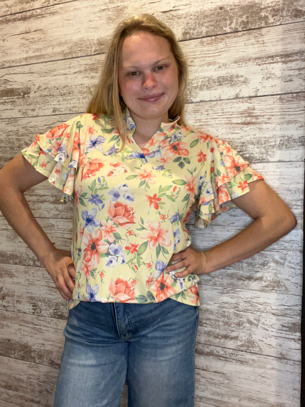 112- Yellow Floral Print Ruffle Sleeve