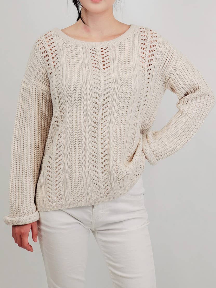 Leaf Crochet Detailed Rolled Up Sleeve Sweater