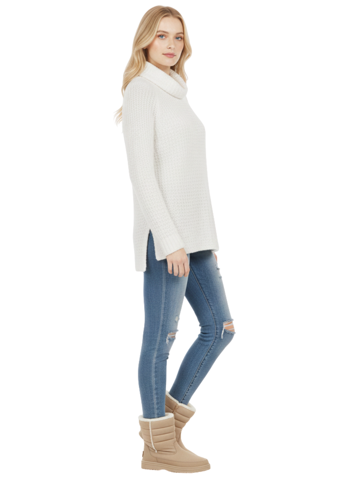 Cowl Neck Oversized Pop-Corn Knit Tunic Sweater