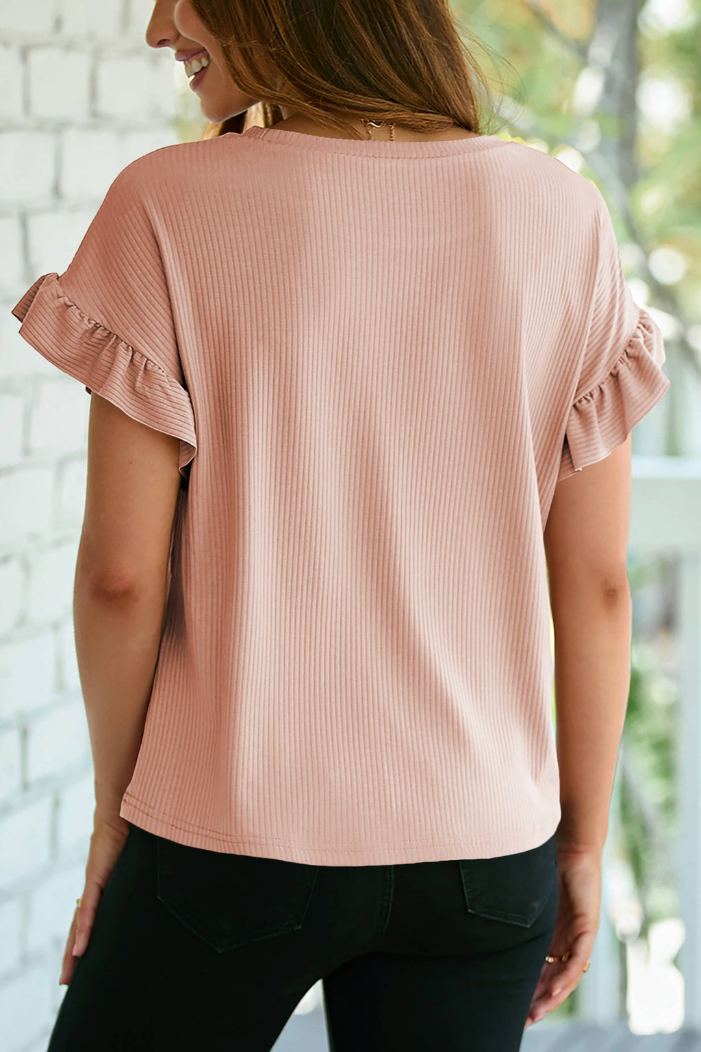 Summer Solid Color Ribbed Ruffled Short Sleeve T Shirt