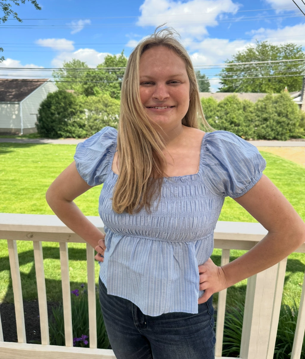 128- Blue Poof Sleeve Blouse