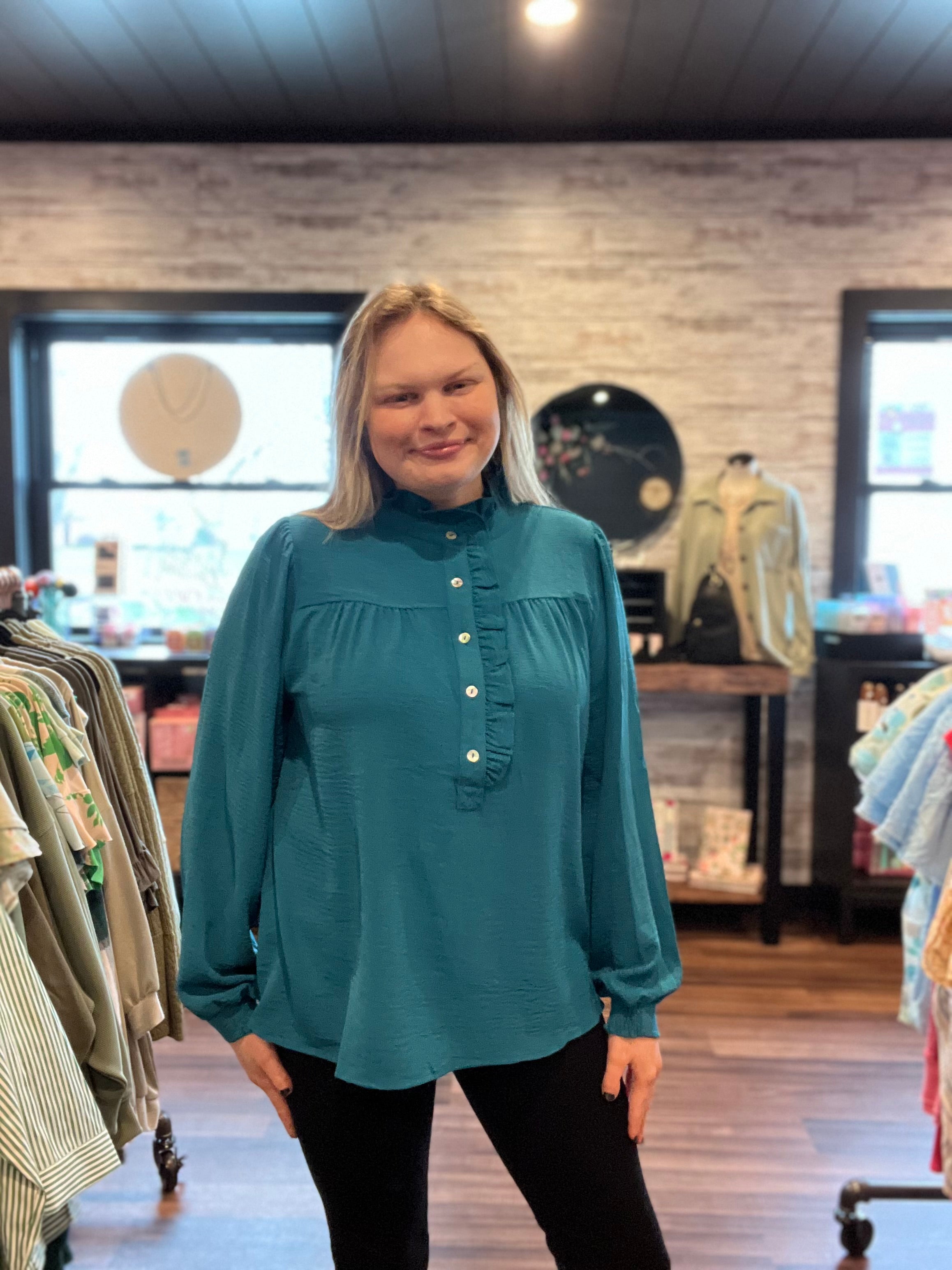 Teal Ruffle Neckline Blouse