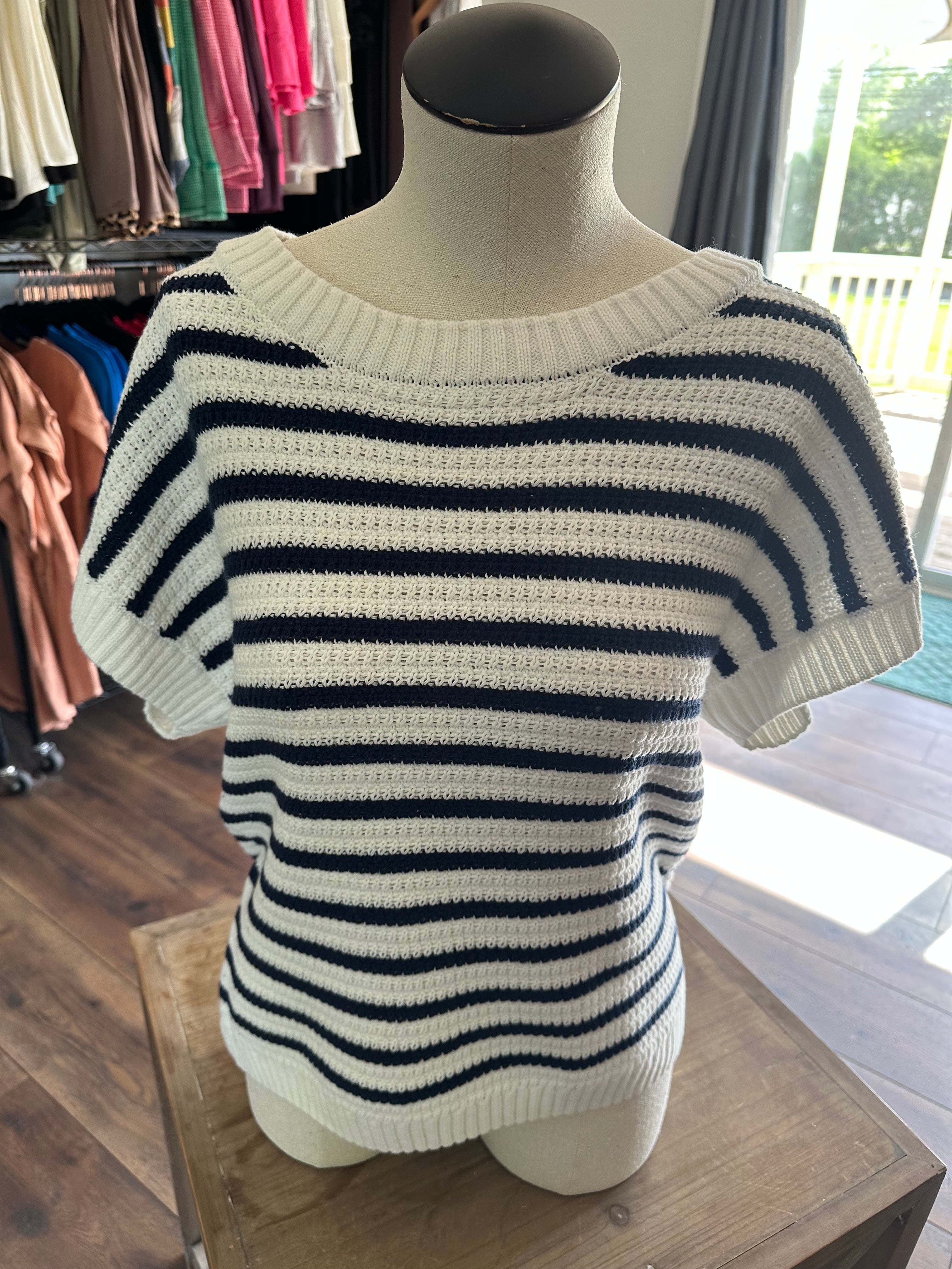 101- White and Navy Striped Blouse Medium