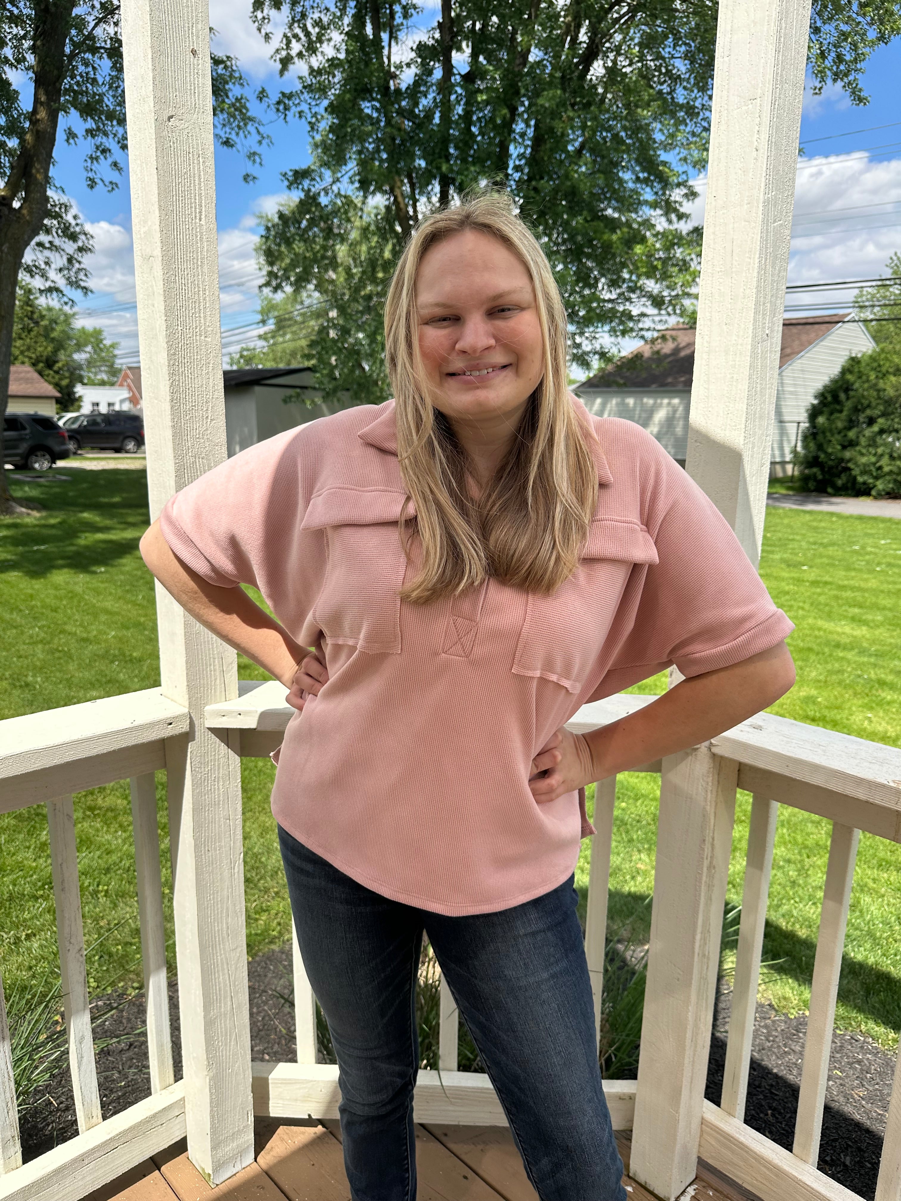 Blush Front Pocket Waffle Top