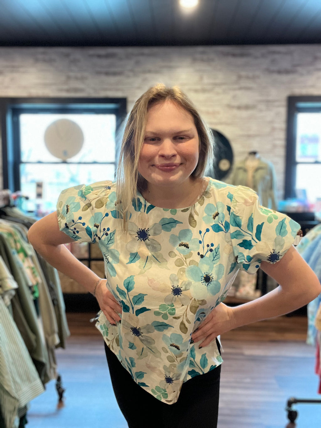 Teal Floral Short Sleeve Blouse