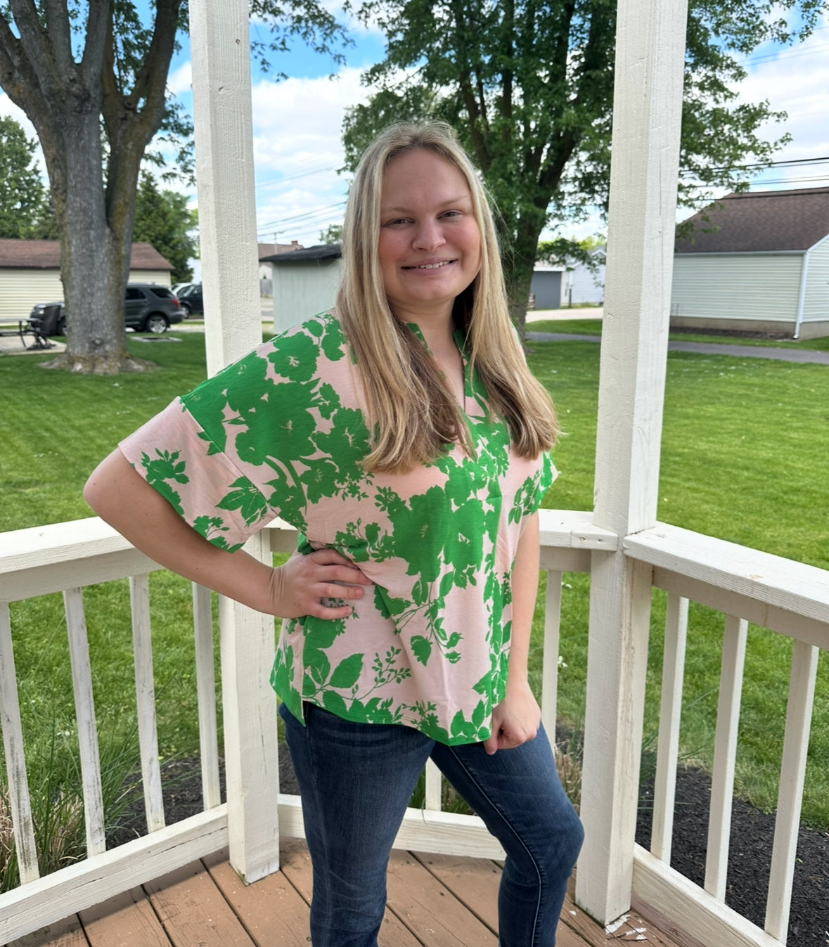 Pink/Green Floral Top