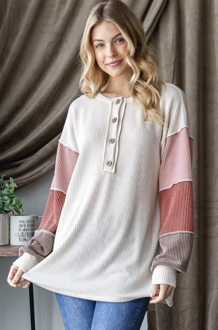 Oatmeal Color Blocking Long Sleeve Top