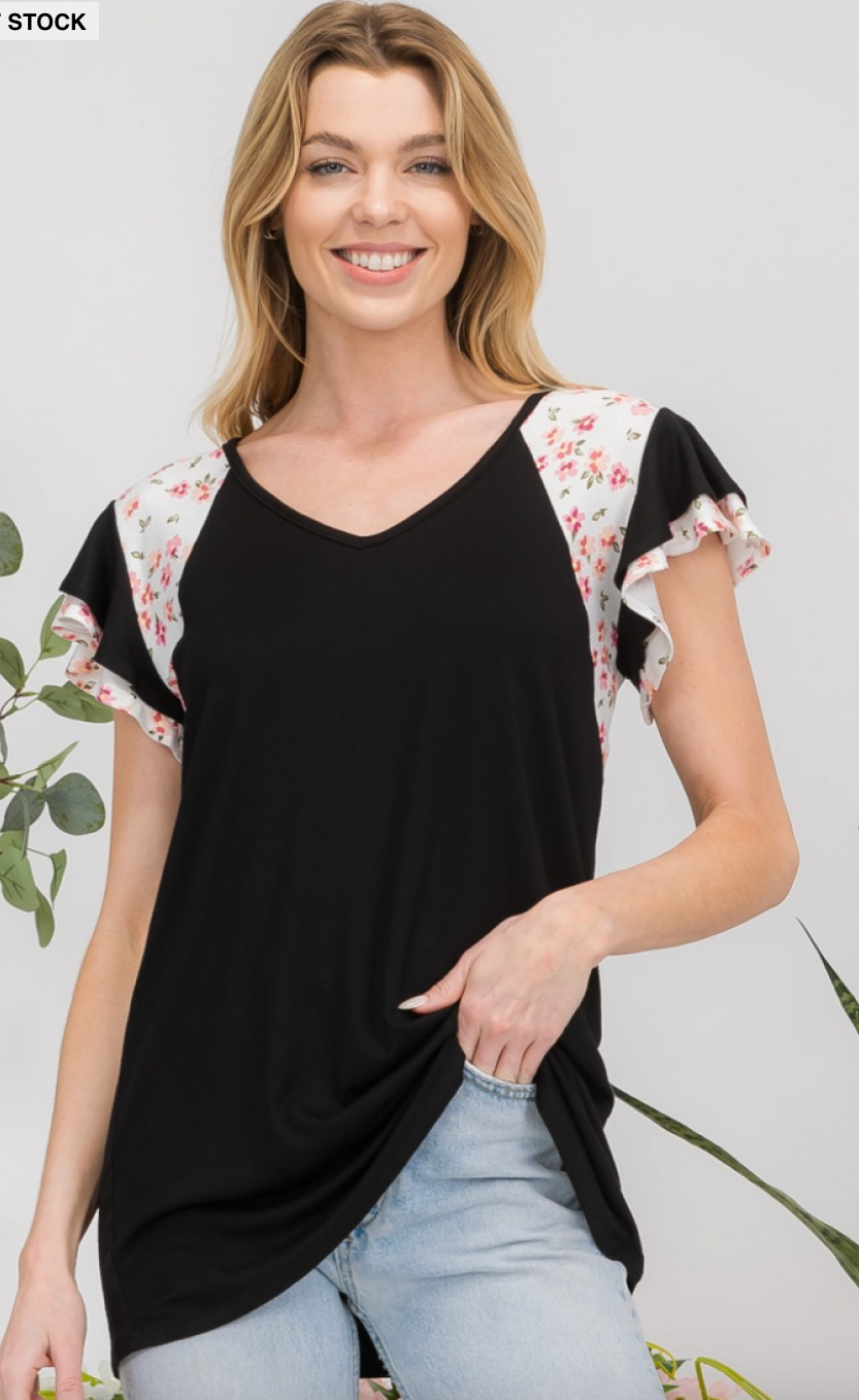 168/169 Floral Detail Ruffle Sleeve Top