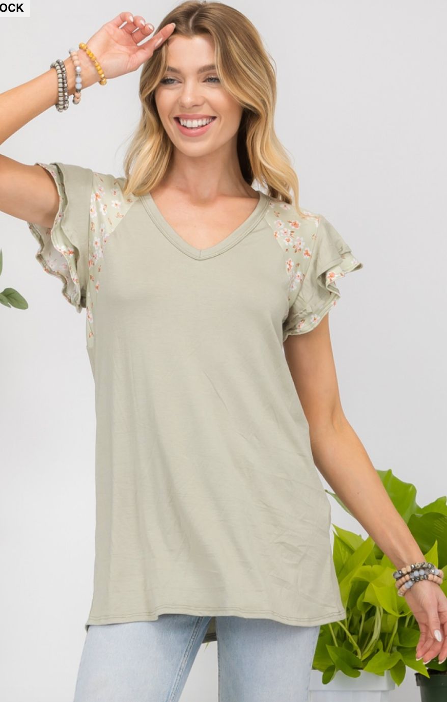 168/169 Floral Detail Ruffle Sleeve Top