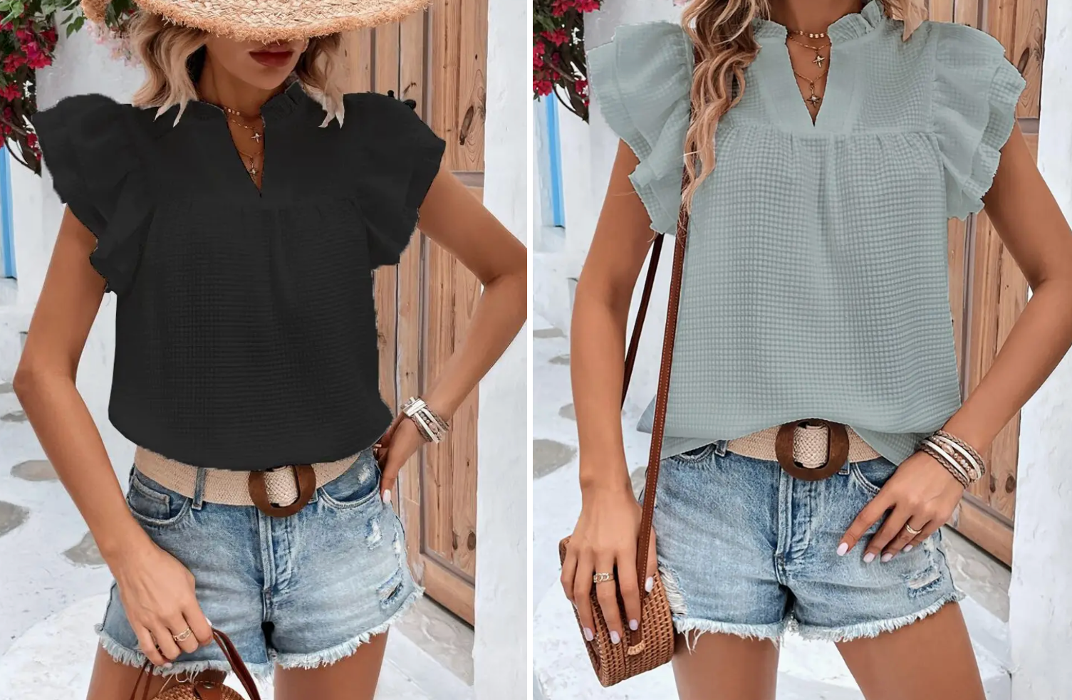 108/109- Ruffle Sleeve Blouse V-Neck