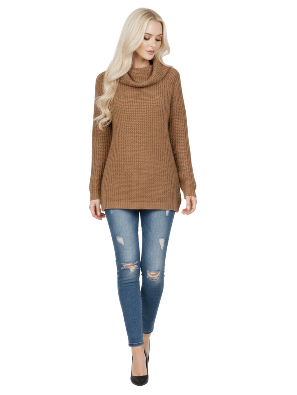 Cowl Neck Oversized Pop-Corn Knit Tunic Sweater